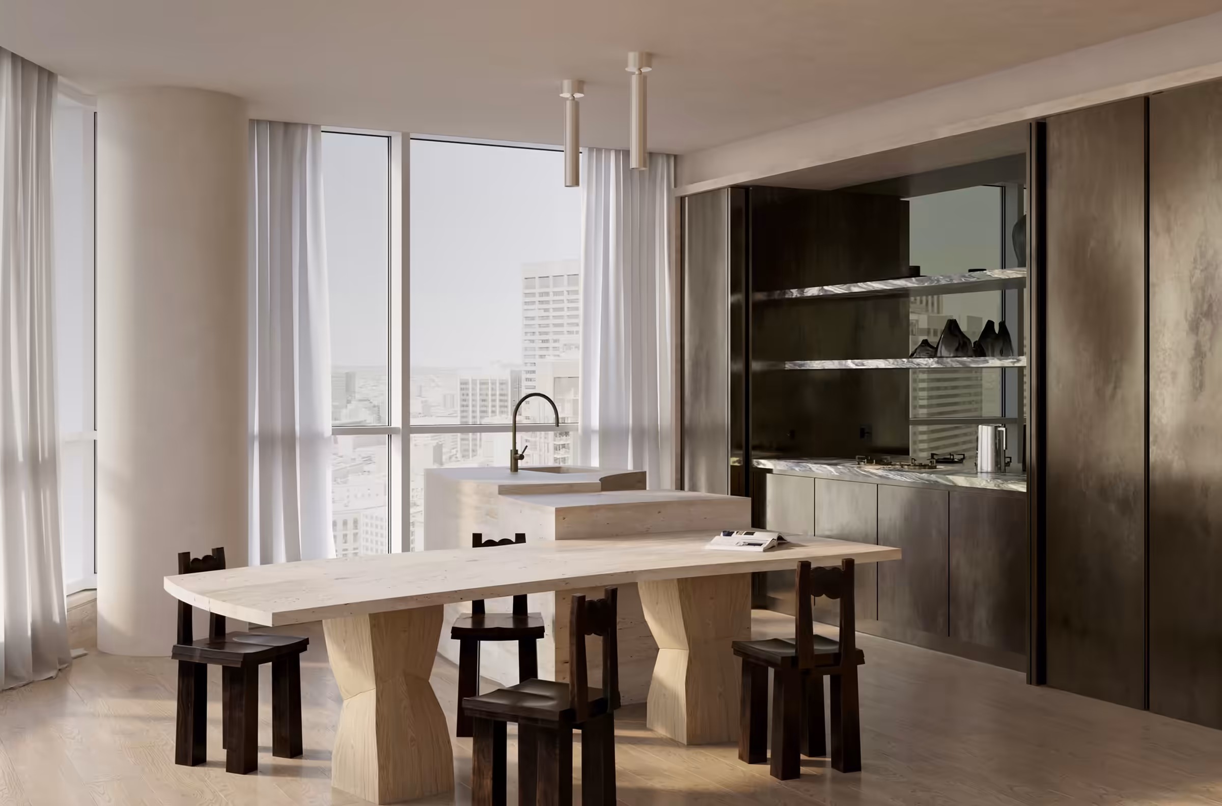 Developed for a Boston downtown apartment, the design responds to the panoramic urban view by exploring the relationship between contemporary city forms and ancient ruins.