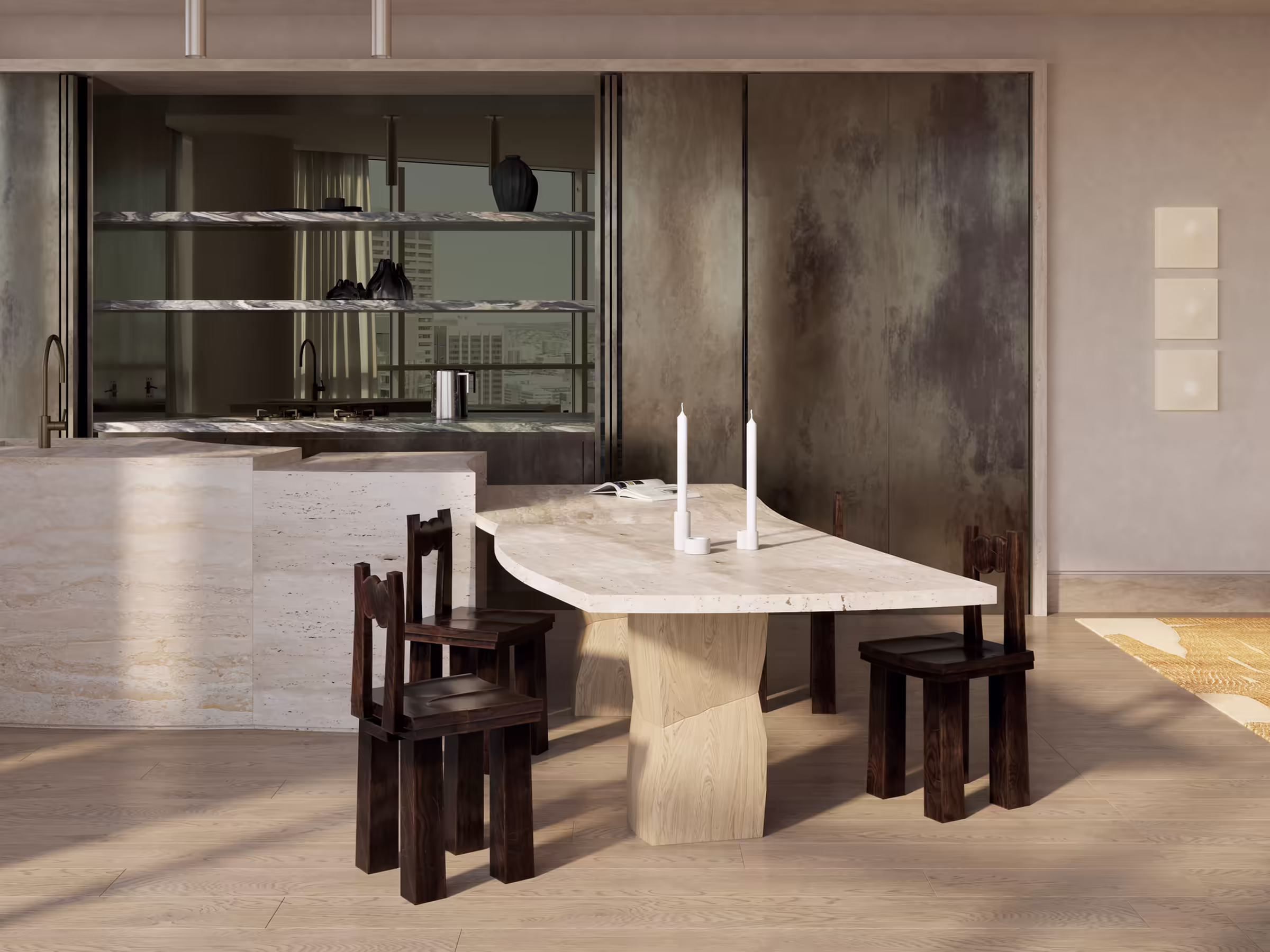 Sophisticated kitchen and dining space with a carved travertine table and sculptural wood base. Dark wood chairs by Minjae Kim contrast with pale wood floors. Backdrop includes built-in stone counters and open shelving with tinted mirror backsplash.