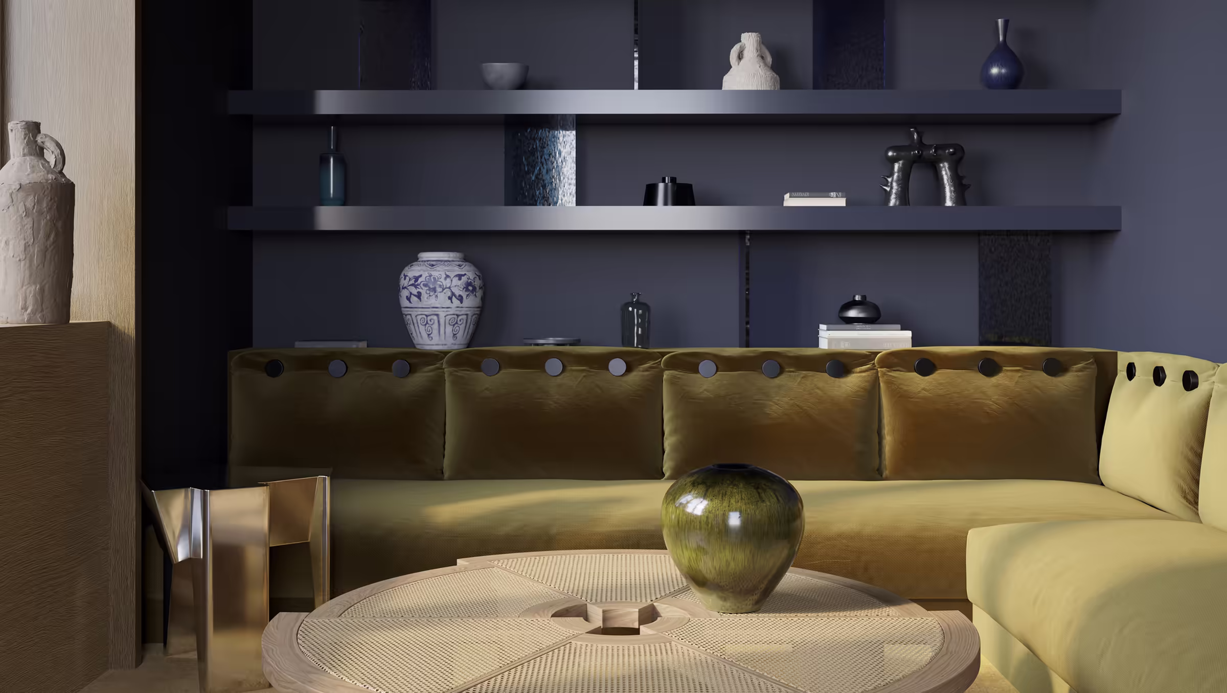 The interior concept is based on reinterpreting classic modernist elements, drawing from the work of French architects and designers such as Le Corbusier and Charlotte Perriand.