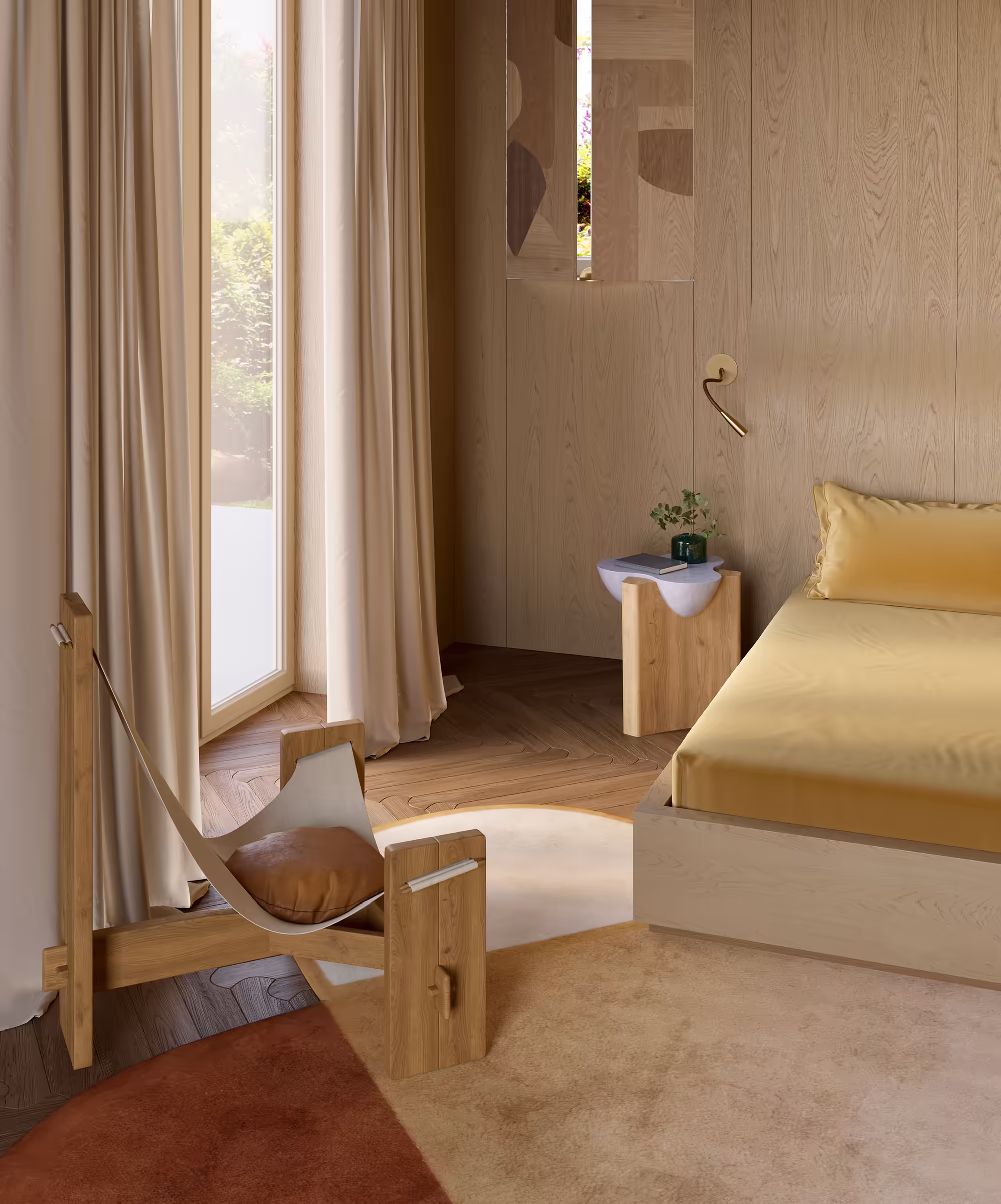 Cozy bedroom corner with custom wood finishes and soft textiles. A vintage canvas sling chair with leather cushion sits beside a low bed. Natural light pours in through tall curtains, creating a serene and earthy atmosphere.