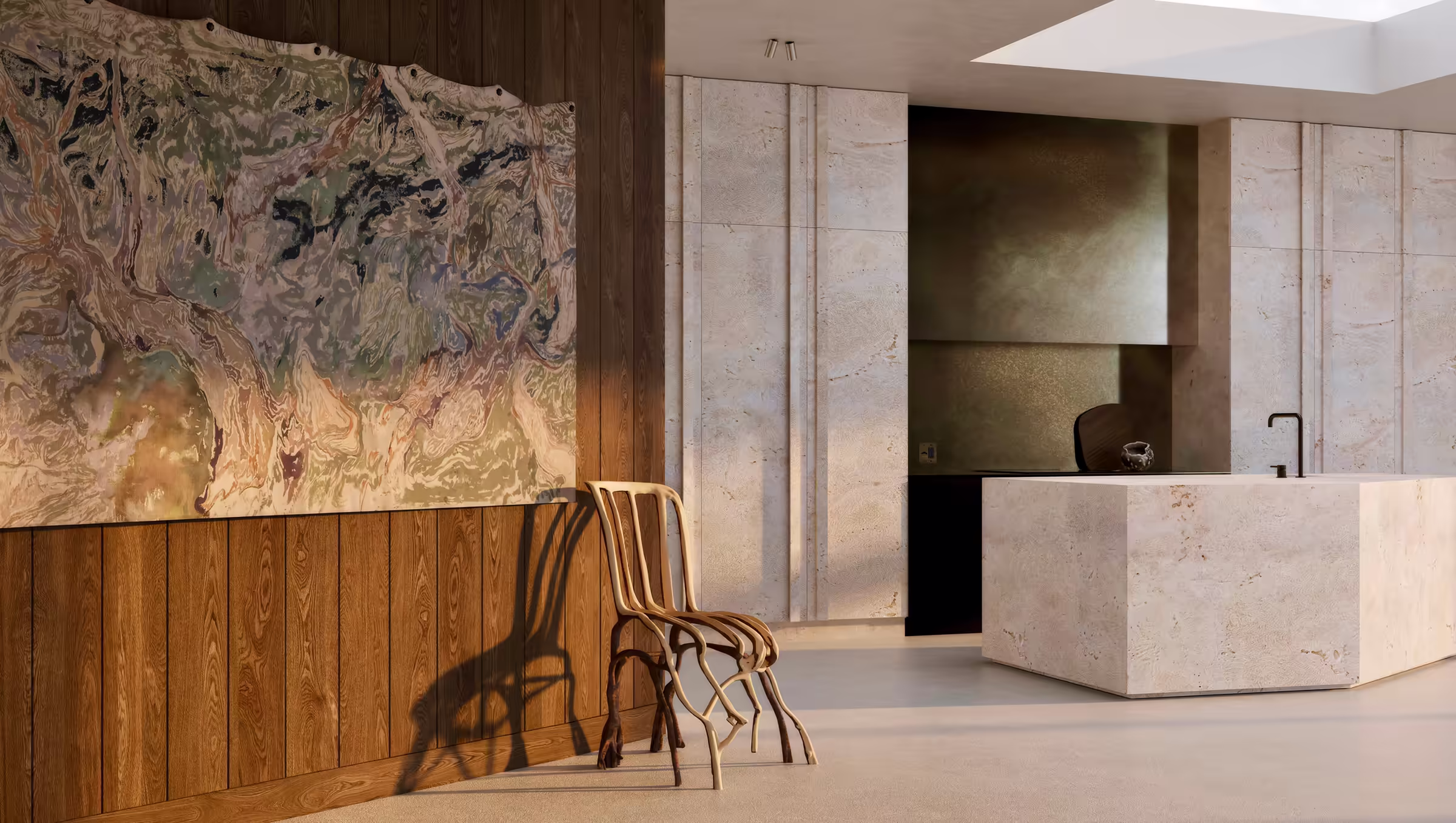 Kitchen interior with Florida Keystone surfaces, wooden paneling, and a single Fullgrown chair in the corner beneath abstract art.